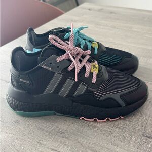 Adidas Kids Black Sneakers with Pink and Blue Accents
